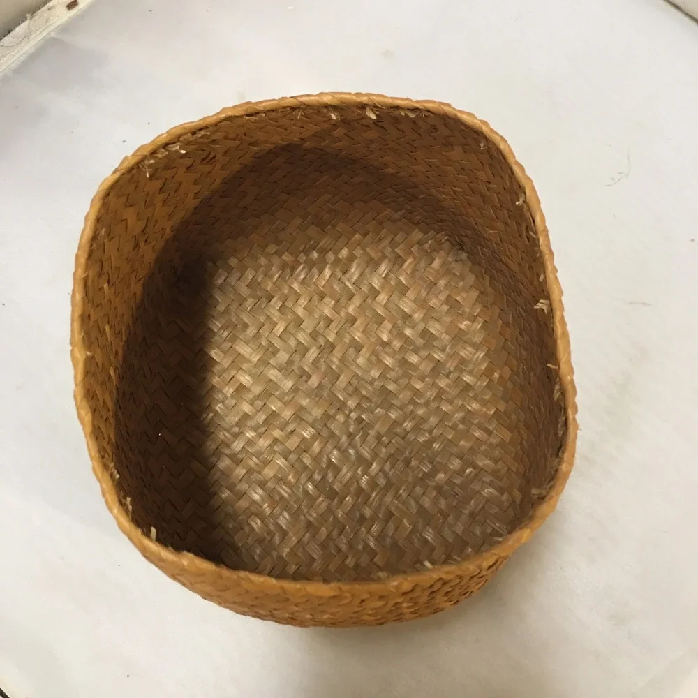 Woven Straw Basket Small Tan Handcrafted Square Base Storage Beach Coastal